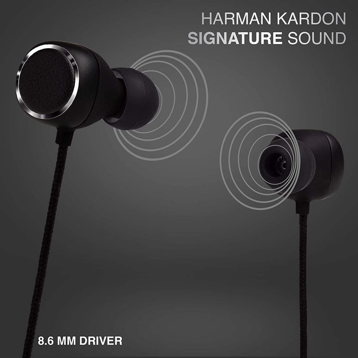 Harman Kardon Fly BT in-Ear Wireless Bluetooth Headphone with 8 Hrs of Playtime, Tangle Free Fabric Cable & IPX5 Waterproof (Black)