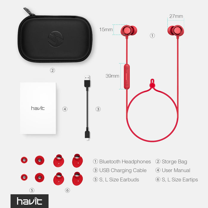 HAVIT Bluetooth Headphones 5.0, IPX5 Sweatproof Stereo Sound (i39, Red)