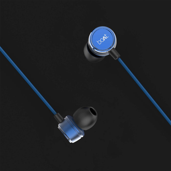 boAt BassHeads 182 with HD Sound, in-line mic, Dual ToneSecure Braided Cable & 3.5mm Angled Jack Wired Earphones (Blue)