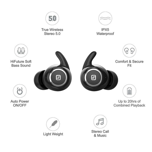 HiFuture OlymBuds - TWS Earbuds with Upto 20 hrs Combined Playback, IPX5 Waterproof - Black