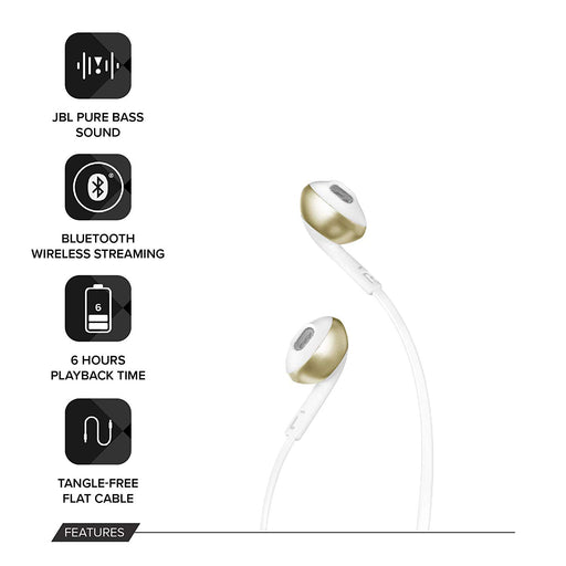 JBL T205BT Pure Bass Wireless Metal Earbud Headphones with Mic (Gold)
