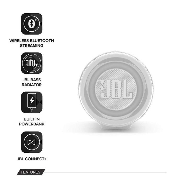 JBL Charge 4 Powerful 30W IPX7 Waterproof Portable Bluetooth Speaker with 20 Hours Playtime & Built-in 7500 mAh Powerbank (White)