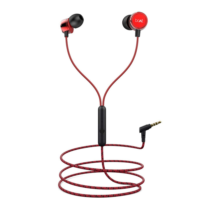 boAt BassHeads 172 with HD Sound, in-line mic, Dual Tone Secure Braided Cable & 3.5mm Angled Jack Wired Earphones (Red)