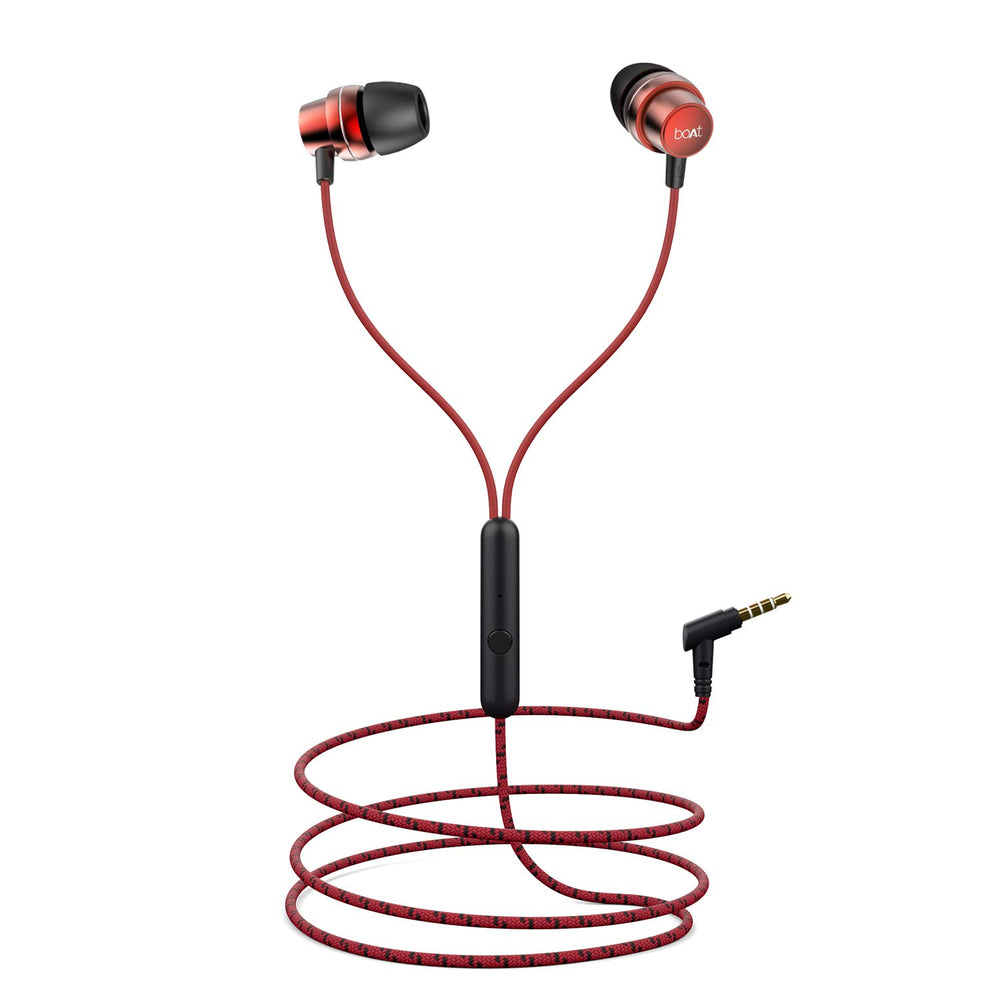 boAt BassHeads 182 with HD Sound, in-line mic, Dual Tone Secure Braided Cable & 3.5mm Angled Jack Wired Earphones (Red)