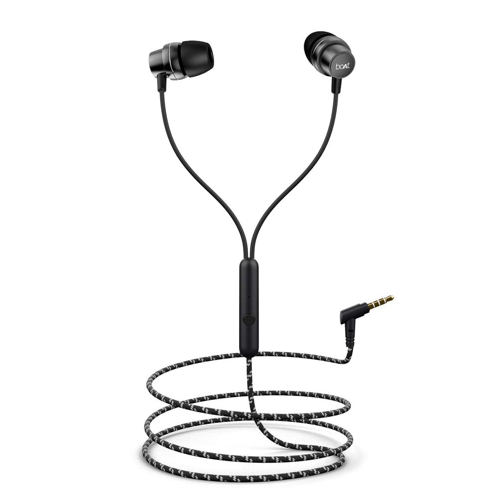 boAt BassHeads 182 with HD Sound, in-line mic, Dual Tone Secure Braided Cable & 3.5mm Angled Jack Wired Earphones (Black)