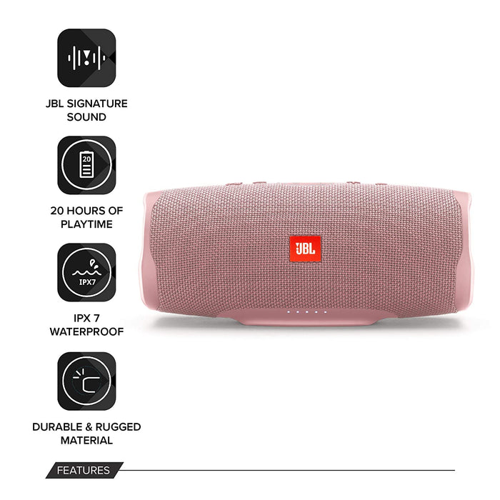 JBL Charge 4 Powerful 30W IPX7 Waterproof Portable Bluetooth Speaker with 20 Hours Playtime & Built-in 7500 mAh Powerbank (Pink)