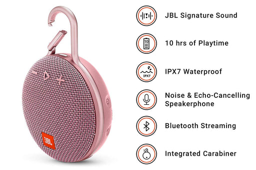 JBL Clip 3 Ultra-Portable Wireless Bluetooth Speaker with Mic (Pink)