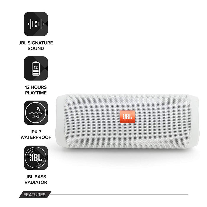 JBL Flip 4 Portable Wireless Speaker with Powerful Bass & Mic (White)