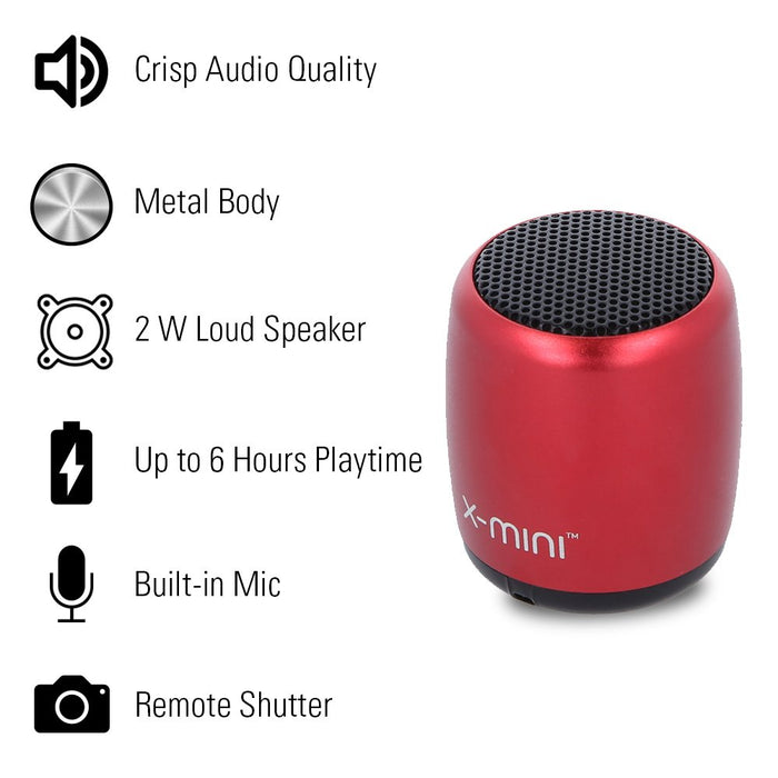 X-mini Nano-X 2W Ultra Portable Wireless Bluetooth Speaker with Mic and Remote Shutter (Crimson Red)