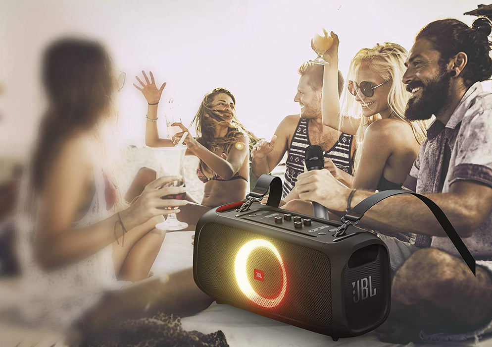 JBL Partybox-On-The-Go Portable Bluetooth Party Speaker with Music Synced Light Show,(100 Watt, Wireless Mic Included, Black)